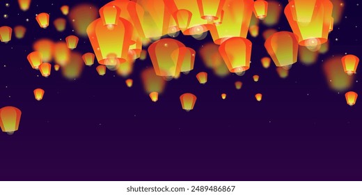 Chiang Mai celebration of Loy Krathong. Thailand holiday with paper lantern lights flying in the night sky. Chiang Mai cultural tradition. Vector illustration on purple gradient background.