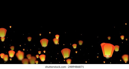 Chiang Mai celebration of Loy Krathong. Thailand holiday with paper lantern lights flying in the night sky. Chiang Mai cultural tradition. Vector illustration on black background.