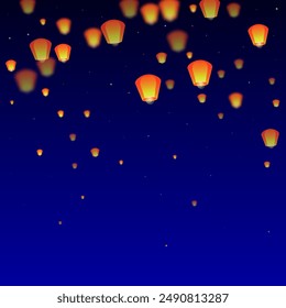 Chiang Mai celebration of Loy Krathong. Thailand holiday with paper lantern lights flying in the night sky. Chiang Mai cultural tradition. Vector illustration on dark blue background.