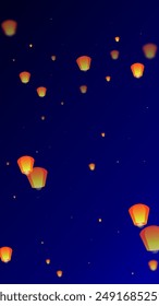 Chiang Mai celebration of Loy Krathong. Thailand holiday with paper lantern lights flying in the night sky. Chiang Mai cultural tradition. Vector illustration on dark blue background.