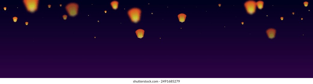 Chiang Mai celebration of Loy Krathong. Thailand holiday with paper lantern lights flying in the night sky. Chiang Mai cultural tradition. Vector illustration on purple gradient background.