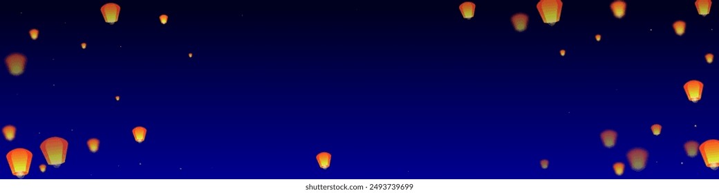 Chiang Mai celebration of Loy Krathong. Thailand holiday with paper lantern lights flying in the night sky. Chiang Mai cultural tradition. Vector illustration on dark blue background.