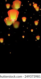 Chiang Mai celebration of Loy Krathong. Thailand holiday with paper lantern lights flying in the night sky. Chiang Mai cultural tradition. Vector illustration on black background.