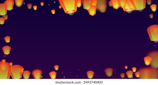 Chiang Mai celebration of Loy Krathong. Thailand holiday with paper lantern lights flying in the night sky. Chiang Mai cultural tradition. Vector illustration on purple gradient background.