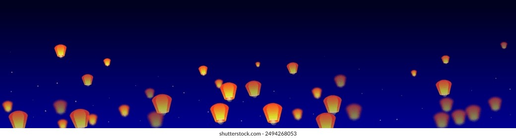 Chiang Mai celebration of Loy Krathong. Thailand holiday with paper lantern lights flying in the night sky. Chiang Mai cultural tradition. Vector illustration on dark blue background.