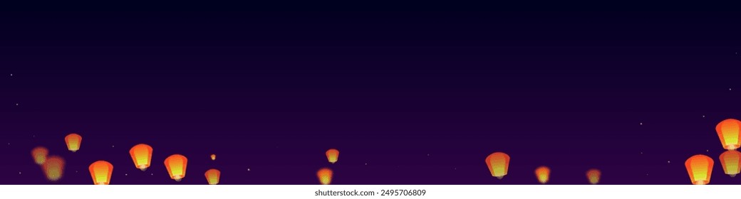 Chiang Mai celebration of Loy Krathong. Thailand holiday with paper lantern lights flying in the night sky. Chiang Mai cultural tradition. Vector illustration on purple gradient background.