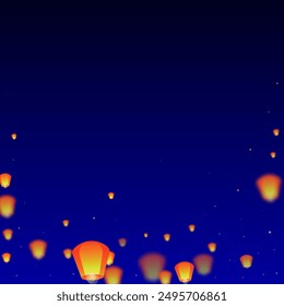 Chiang Mai celebration of Loy Krathong. Thailand holiday with paper lantern lights flying in the night sky. Chiang Mai cultural tradition. Vector illustration on dark blue background.