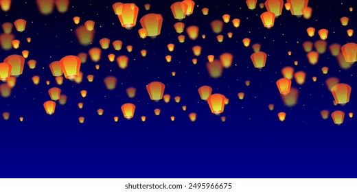 Chiang Mai celebration of Loy Krathong. Thailand holiday with paper lantern lights flying in the night sky. Chiang Mai cultural tradition. Vector illustration on dark blue background.