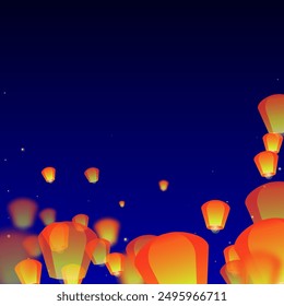 Chiang Mai celebration of Loy Krathong. Thailand holiday with paper lantern lights flying in the night sky. Chiang Mai cultural tradition. Vector illustration on dark blue background.