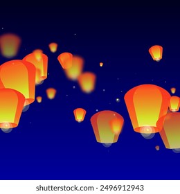 Chiang Mai celebration of Loy Krathong. Thailand holiday with paper lantern lights flying in the night sky. Chiang Mai cultural tradition. Vector illustration on dark blue background.