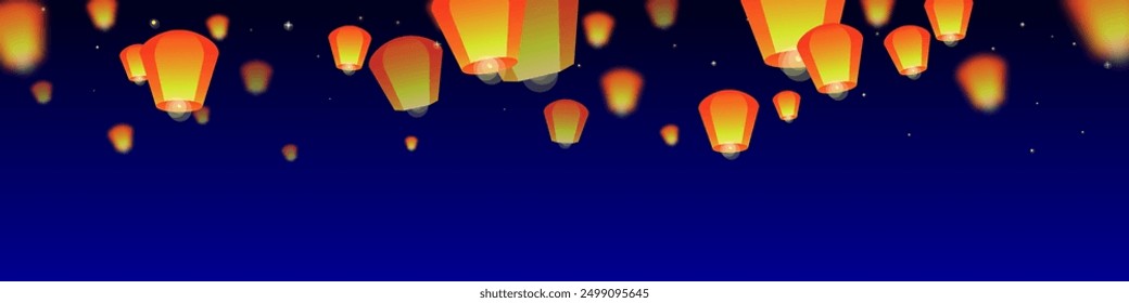 Chiang Mai celebración de Loy Krathong. Vacaciones de Tailandia con luces de linterna de papel volando en el cielo nocturno. Tradición cultural de Chiang Mai. Ilustración vectorial sobre fondo azul oscuro.