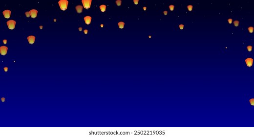 Chiang Mai celebración de Loy Krathong. Vacaciones de Tailandia con luces de linterna de papel volando en el cielo nocturno. Tradición cultural de Chiang Mai. Ilustración vectorial sobre fondo azul oscuro.