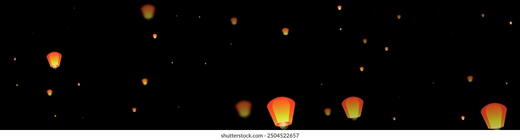 Chiang Mai celebration of Loy Krathong. Thailand holiday with paper lantern lights flying in the night sky. Chiang Mai cultural tradition. Vector illustration on black background.