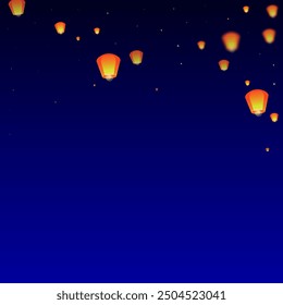 Chiang Mai celebración de Loy Krathong. Vacaciones de Tailandia con luces de linterna de papel volando en el cielo nocturno. Tradición cultural de Chiang Mai. Ilustración vectorial sobre fondo azul oscuro.