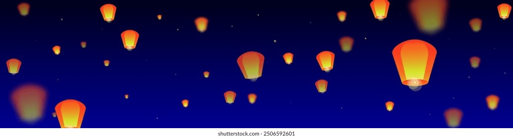 Chiang Mai celebración de Loy Krathong. Vacaciones de Tailandia con luces de linterna de papel volando en el cielo nocturno. Tradición cultural de Chiang Mai. Ilustración vectorial sobre fondo azul oscuro.