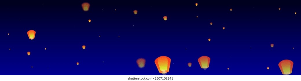 Chiang Mai celebración de Loy Krathong. Vacaciones de Tailandia con luces de linterna de papel volando en el cielo nocturno. Tradición cultural de Chiang Mai. Ilustración vectorial sobre fondo azul oscuro.