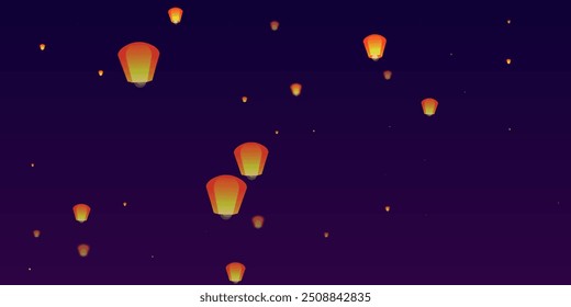 Chiang Mai celebración de Loy Krathong. Vacaciones de Tailandia con luces de linterna de papel volando en el cielo nocturno. Tradición cultural de Chiang Mai. Ilustración vectorial sobre fondo de gradiente púrpura.