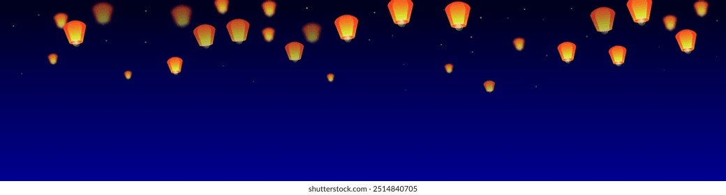 Chiang Mai celebración de Loy Krathong. Vacaciones de Tailandia con luces de linterna de papel volando en el cielo nocturno. Tradición cultural de Chiang Mai. Ilustración vectorial sobre fondo azul oscuro.