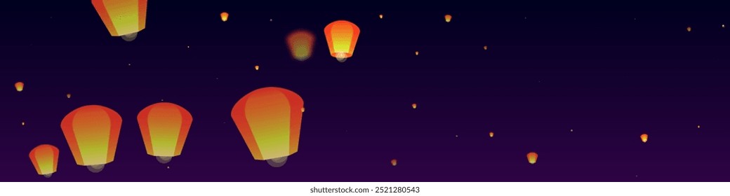 Chiang Mai celebración de Loy Krathong. Vacaciones de Tailandia con luces de linterna de papel volando en el cielo nocturno. Tradición cultural de Chiang Mai. Ilustración vectorial sobre fondo de gradiente púrpura.