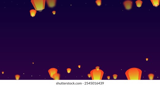 Chiang Mai celebration of Loy Krathong. Thailand holiday with paper lantern lights flying in the night sky. Chiang Mai cultural tradition. Vector illustration on purple gradient background.