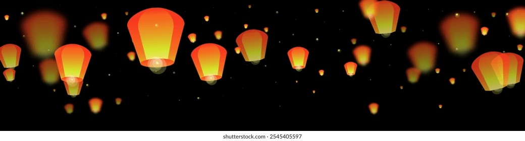 Chiang Mai celebration of Loy Krathong. Thailand holiday with paper lantern lights flying in the night sky. Chiang Mai cultural tradition. Vector illustration on black background.