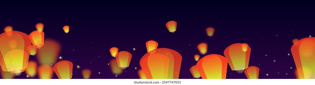 Chiang Mai celebración de Loy Krathong. Vacaciones de Tailandia con luces de linterna de papel volando en el cielo nocturno. Tradición cultural de Chiang Mai. Ilustración vectorial sobre fondo de gradiente púrpura.