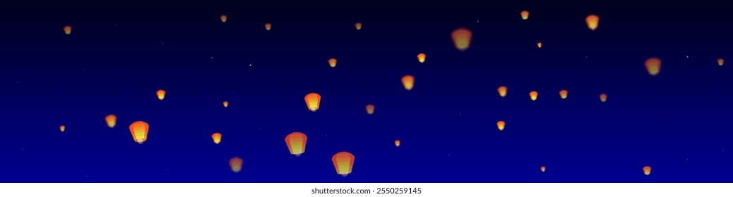 Chiang Mai celebration of Loy Krathong. Thailand holiday with paper lantern lights flying in the night sky. Chiang Mai cultural tradition. Vector illustration on dark blue background.