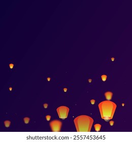 Chiang Mai celebration of Loy Krathong. Thailand holiday with paper lantern lights flying in the night sky. Chiang Mai cultural tradition. Vector illustration on purple gradient background.