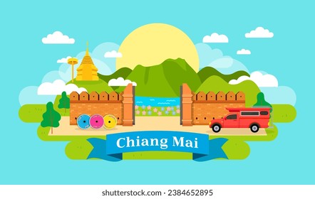 Chiang Mai city attractions vector illustration. Chiang mai tourism svg