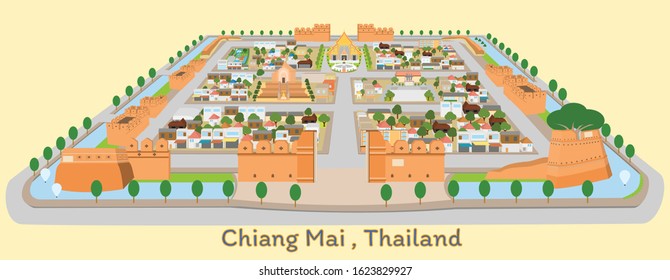 Chiang mai city in Thailand. Vector illustrations. Most Iconic Landmarks in Chaing mai old city area.The Old City Moat and wall in Chiang Mai. svg