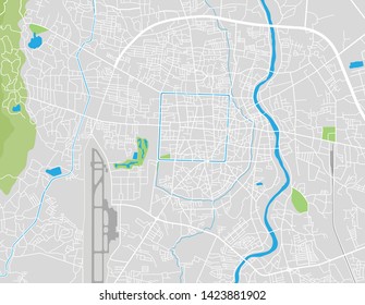 Chiang Mai City Vector Map in gray background contains road, highway, park, railway, airport, river and mountain svg