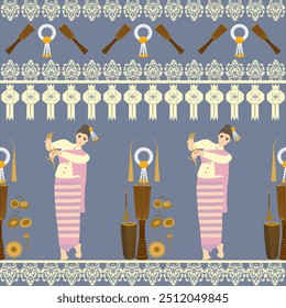 Chiang Mai cultural fabric pattern, women dance with gold fingernails and musical instruments playing music to accompany the dance.Vector illustration.