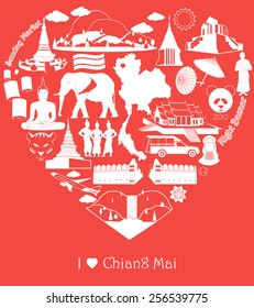 Chiang mai love - heart with white thai icons and symbols