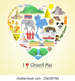 A Chiang Mai le encanta. Establecer iconos vectoriales y símbolos en forma de corazón