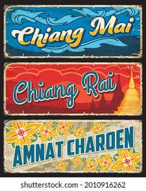 Chiang Mai, Chiang Rai and Amnat Charoen Thailand province vector plates with Buddhist temple stupa or chedi and lotus flowers. Thai travel grunge tin plates, old metal banners and vintage stickers