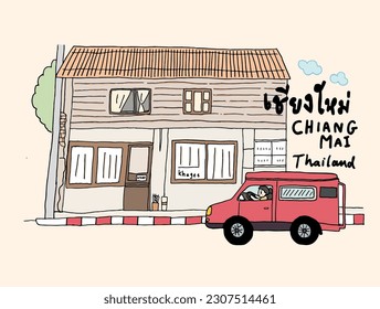 Chiang Mai red mini bus and old town, hand drawn style vector illustration svg