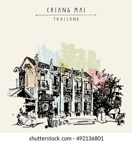 Chiang Mai, Thailand, Asia. Nice eclectic style building with reliefs and sculptures. Vintage hand drawn postcard template or book illustration in vector