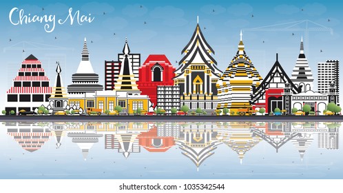 Chiang Mai Thailand City Skyline with Color Buildings, Blue Sky and Reflections. Vector Illustration. Travel and Tourism Concept with Modern Architecture. Chiang Mai Cityscape with Landmarks.