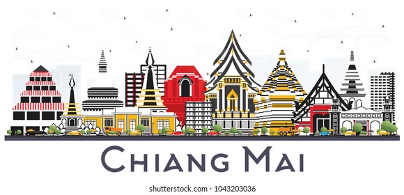 Chiang Mai Thailand City Skyline with Color Buildings Isolated on White. Vector Illustration. Business Travel and Tourism Concept with Modern Architecture. Chiang Mai Cityscape with Landmarks.