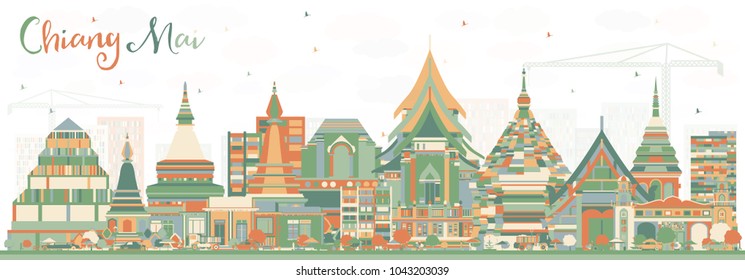 Chiang Mai Thailand City Skyline with Color Buildings. Vector Illustration. Business Travel and Tourism Concept with Modern Architecture. Chiang Mai Cityscape with Landmarks.