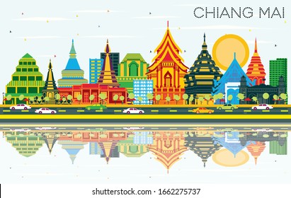 Chiang Mai Thailand City Skyline with Color Buildings, Blue Sky and Reflections. Vector Illustration. Travel and Tourism Concept with Modern Architecture. Chiang Mai Cityscape with Landmarks.