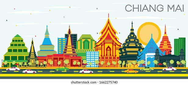 Chiang Mai Thailand City Skyline with Color Buildings and Blue Sky. Vector Illustration. Business Travel and Tourism Concept with Modern Architecture. Chiang Mai Cityscape with Landmarks.