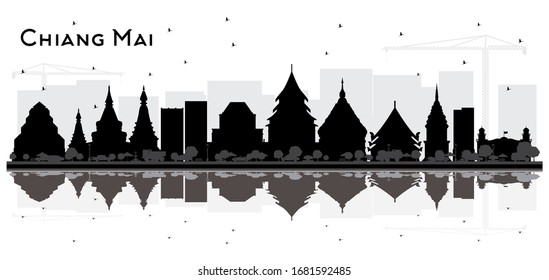 Chiang Mai Thailand City Skyline Silhouette with Black Buildings and Reflections Isolated on White. Vector Illustration. Travel and Tourism Concept with Modern Architecture. Chiang Mai Cityscape.