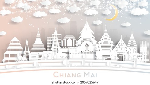 Chiang Mai Thailand City Skyline in Paper Cut Style with White Buildings, Moon and Neon Garland. Vector Illustration. Travel and Tourism Concept. Chiang Mai Cityscape with Landmarks. svg