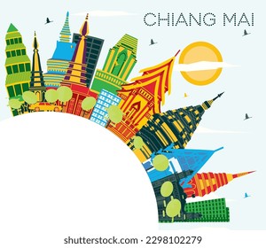 Chiang Mai Thailand City Skyline with Color Buildings, Blue Sky and Copy Space. Vector Illustration. Business Travel and Tourism Concept with Modern Architecture. Chiang Mai Cityscape with Landmarks. svg