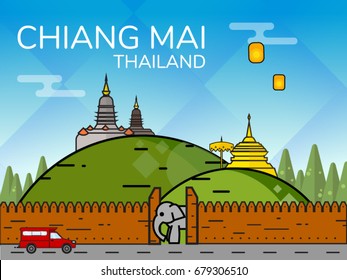 Chiang mai, Thailand, cute illustration. Flat vector of major attraction in the city.