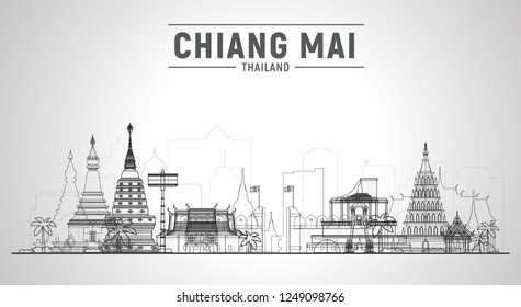 Chiang Mai Thailand line skyline with panorama in white background. Vector Illustration. Business travel and tourism concept with modern buildings. Image for banner or web site. svg
