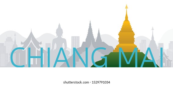 Chiang Mai, Thailand Skyline Landmarks with Text or Word, Famous Place and Historical Buildings, Travel and Tourist Attraction