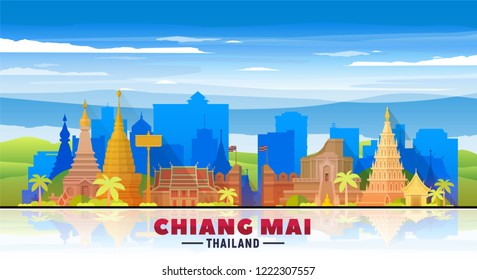 Chiang Mai Thailand skyline with panorama in sky background. Vector Illustration. Business travel and tourism concept with modern buildings. Image for banner or web site. svg