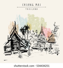 Chiang Mai, Thailand, Southeast Asia. The oldest Buddhist temple in town - Wat Chiang Maan. Hand drawn postcard or poster in vector